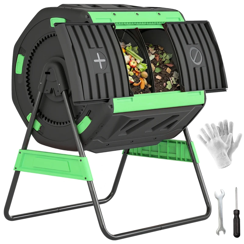Outsunny Compost Bin Outdoor, 53 Gal Dual Chamber Tumbling Composter with Adjustable Vents, BPA Free Tumbling Composter, Green