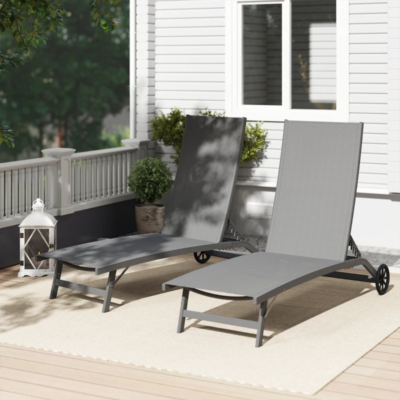 Outsunny Outdoor Lounge Chair Set of 2, Tanning Chair with Wheels, Breathable Mesh for Patio, Backyard, Poolside, Dark Grey