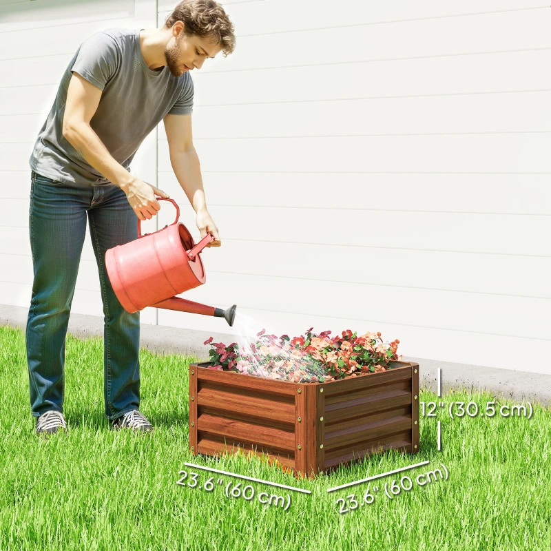 Outsunny Galvanized Raised Garden Beds, Outdoor Planter Box, Set of 2, for Flowers, Herbs and Vegetables, Dark Brown Wood Effect
