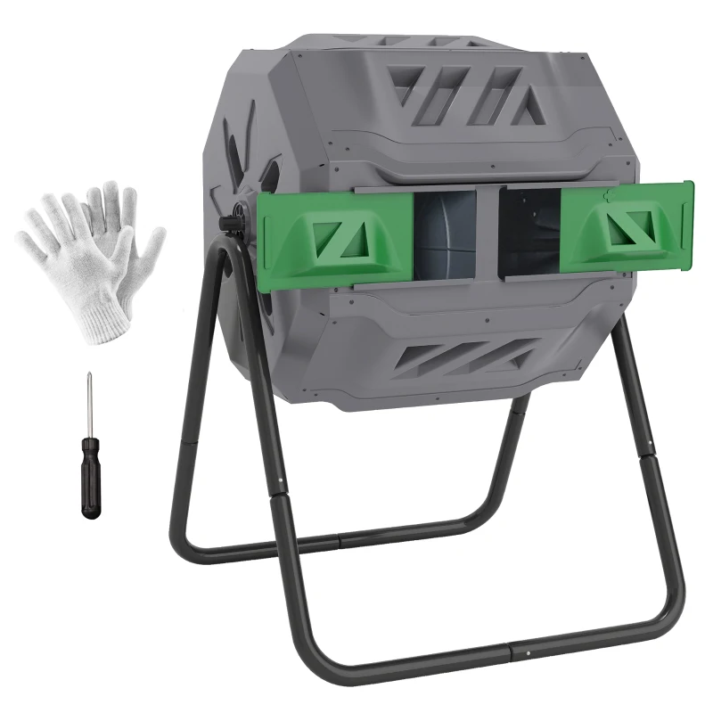 Outsunny Tumbling Compost Bin Outdoor Dual Chamber 360° Rotating Composter 43 Gallon with Sliding Doors, Dark Green