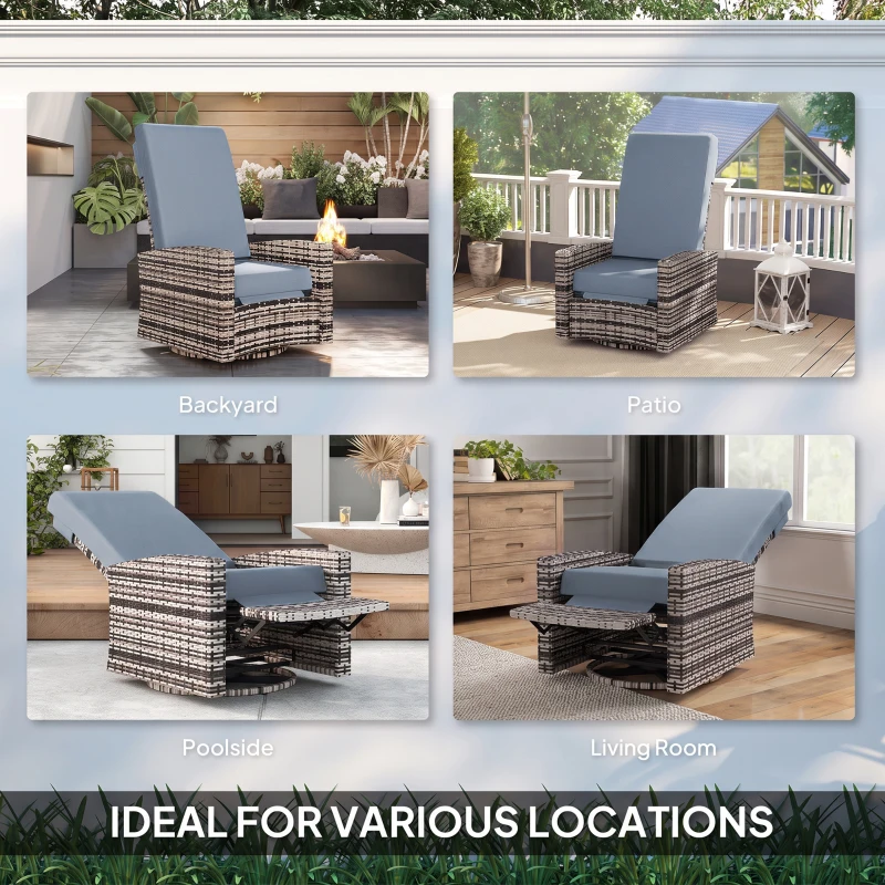 Outsunny Outdoor Rattan Wicker Lounge Chair with Footrest & Soft Cushion for Patio, Garden, Backyard, Grey