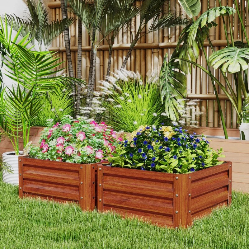 Outsunny Galvanized Raised Garden Beds, Outdoor Planter Box, Set of 2, for Flowers, Herbs and Vegetables, Dark Brown Wood Effect