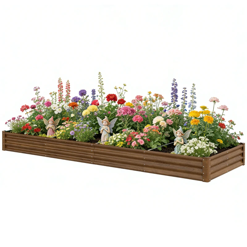 Outsunny 12 x 4 x 1ft Galvanized Raised Garden Bed, Reinforced Outdoor Planter Box with Open Bottom, Distressed Brown