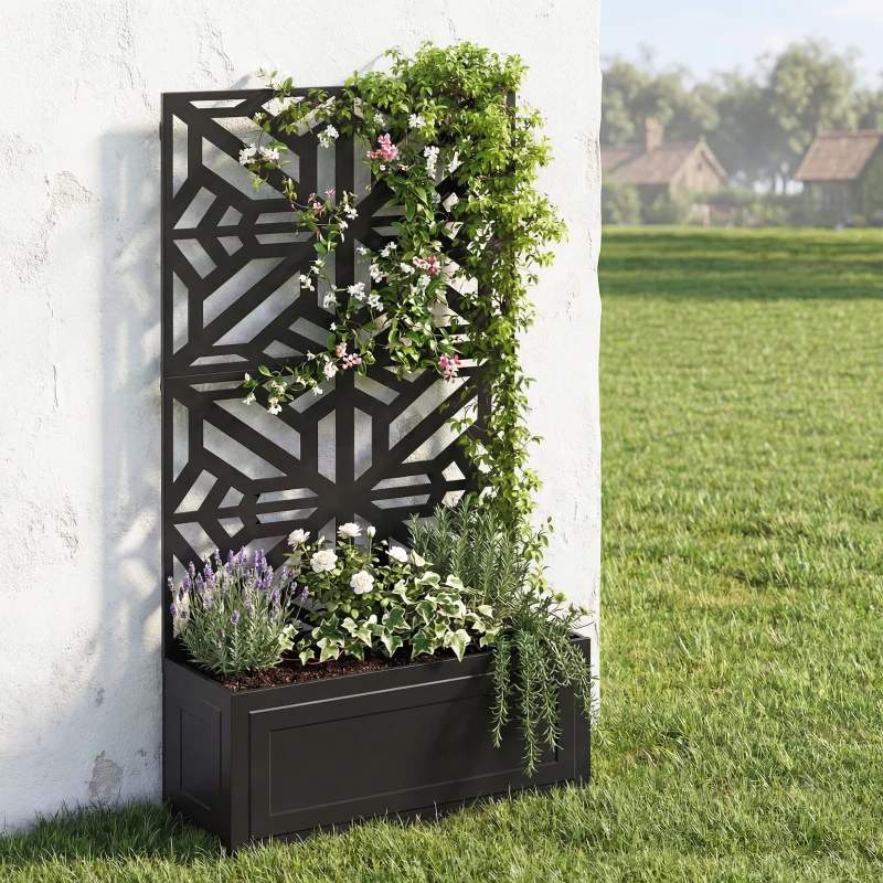 Outsunny Metal Raised Garden Bed with Trellis for Climbing Plants, Freestanding or Wall Mounted Flower Bed with Privacy Panel