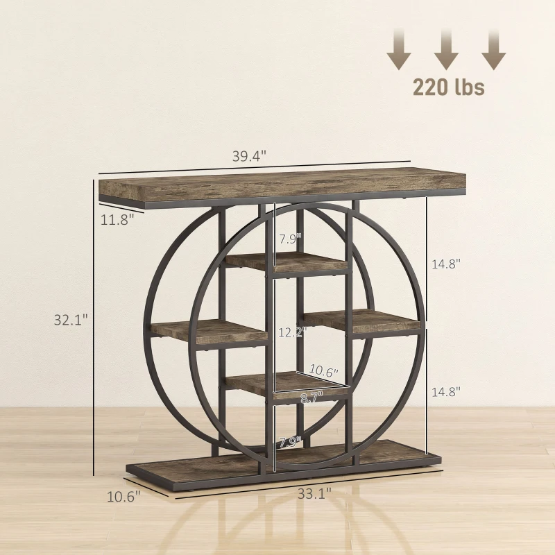 HOMCOM 39.4" Console Table with Storage Shelves, Industrial Sofa Table for Living Room, Hallway, Rustic Oak