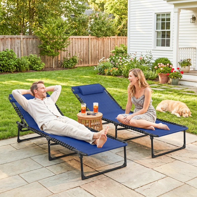 Outsunny 2 Folding Chaise Lounge Pool Chairs with 4-Position Reclining Back, Pillow, Breathable Mesh & Bungee Seat, Blue