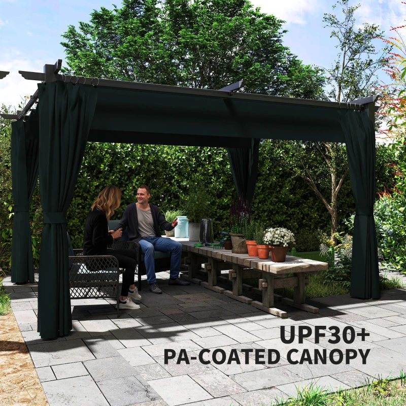 Outsunny 10' x 13' Pergola with Retractable Canopy and Curtains, UPF30+ Sun Shade Shelter for Grill, Garden, Backyard, Deck