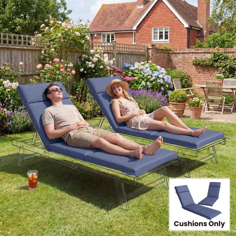 Outsunny Outdoor Chaise Lounge Cushions Set of 2 with 6 Ties, High-Density Foam, for Patio and Poolside, Navy Blue