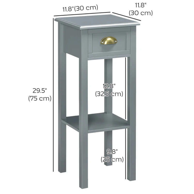 HOMCOM Bedside Table Set of 2, Narrow Side Table with Drawer and Shelf, 2 Tier Tall Nightstand for Bedroom, Grey