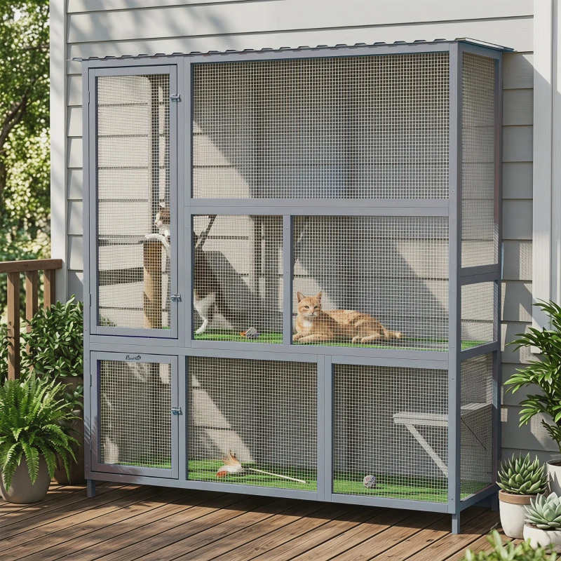 PawHut Catio Outdoor Cat Enclosure, 77" H Wooden Cat House with Weatherproof Roof, Platforms and Scratching Post