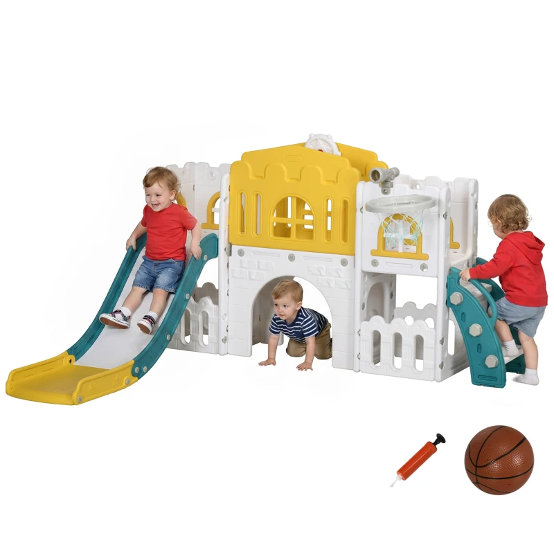 Qaba 9 in 1 Toddler Slide with Basketball Hoop, Climber, Telescope, Tunnel, Steering Wheel, for 1-3 Years, Yellow