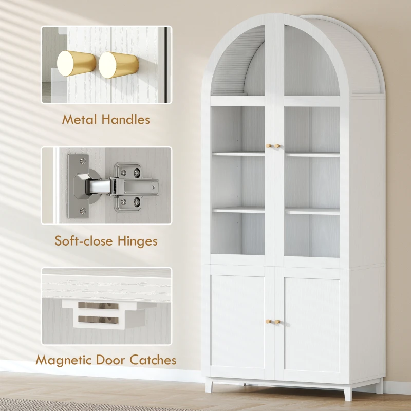 HOMCOM Arched Kitchen Pantry Cabinet, 71" Tall Farmhouse Kitchen Storage Cabinet with Acrylic Glass Doors, White