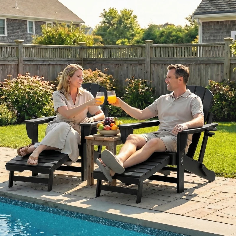 Outsunny Folding Adirondack Chair Set of 2, HDPE Fire Pit Chair with Retractable Ottoman and Cup Holder, Black