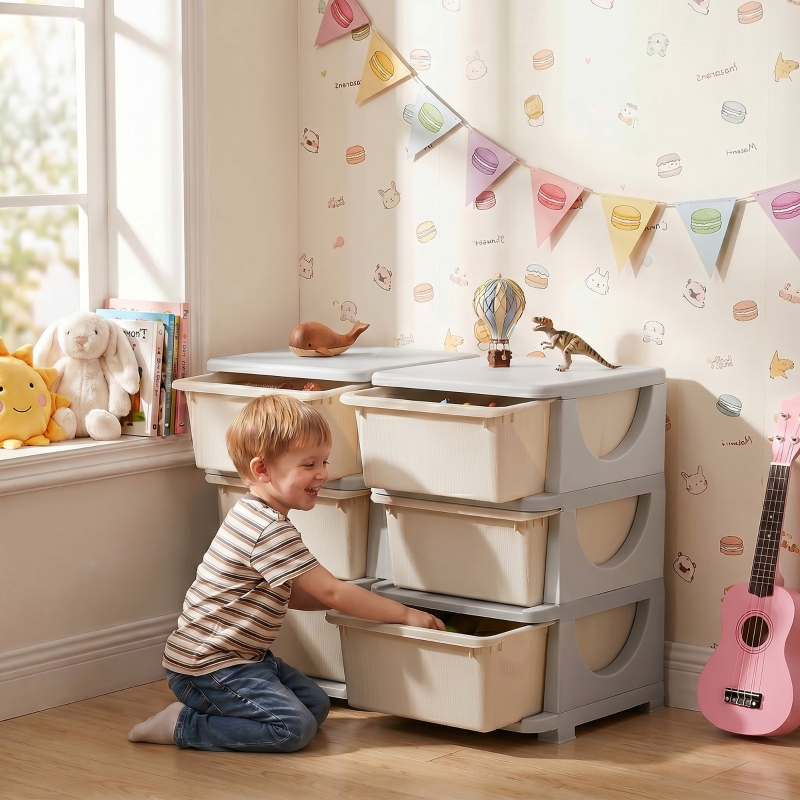 Qaba 3 Tier Kids Toy Organizer and Storage Bins with 6 Plastic Drawers, Cream White