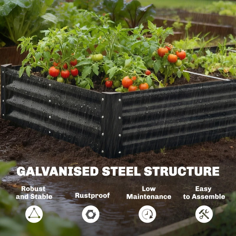 Outsunny 8 x 4 x 1ft Galvanized Raised Garden Bed, Reinforced Outdoor Planter Box with Open Bottom, Black