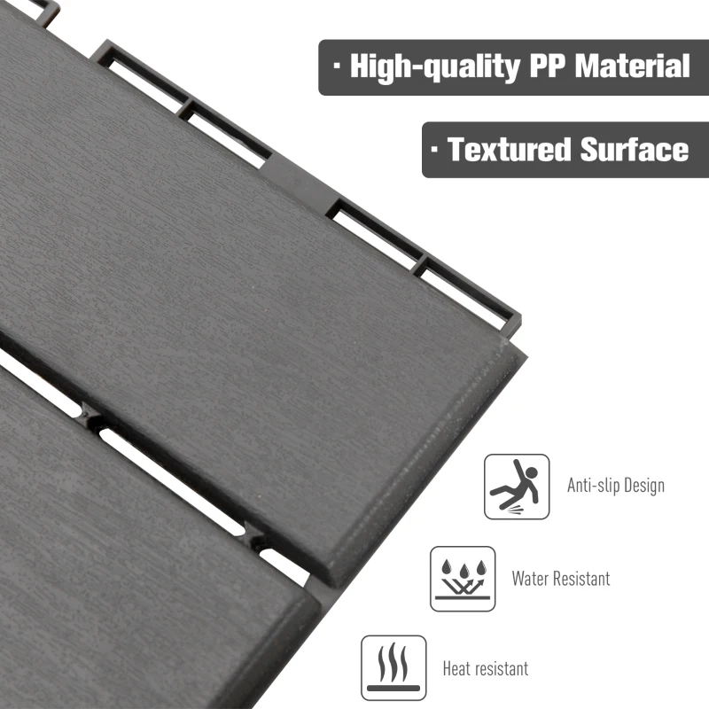 Outsunny 9 Pcs PP Interlocking Composite Deck Tile, 12" x 12" Outdoor Flooring Tiles for Indoor and Outdoor Use, Tools Free Assembly, Dark Grey