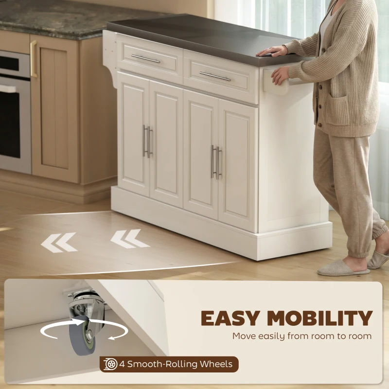 HOMCOM Rolling Kitchen Island with Storage and Stainless Steel Top, Kitchen Trolley with Drawers, Cabinets, Towel Rack, Cream
