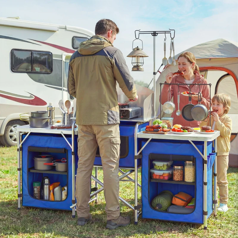 Outsunny Aluminum Camping Kitchen, Portable Folding Camping Table with Fabric Cupboards, Windshield, Bag for BBQ, Picnic, Blue