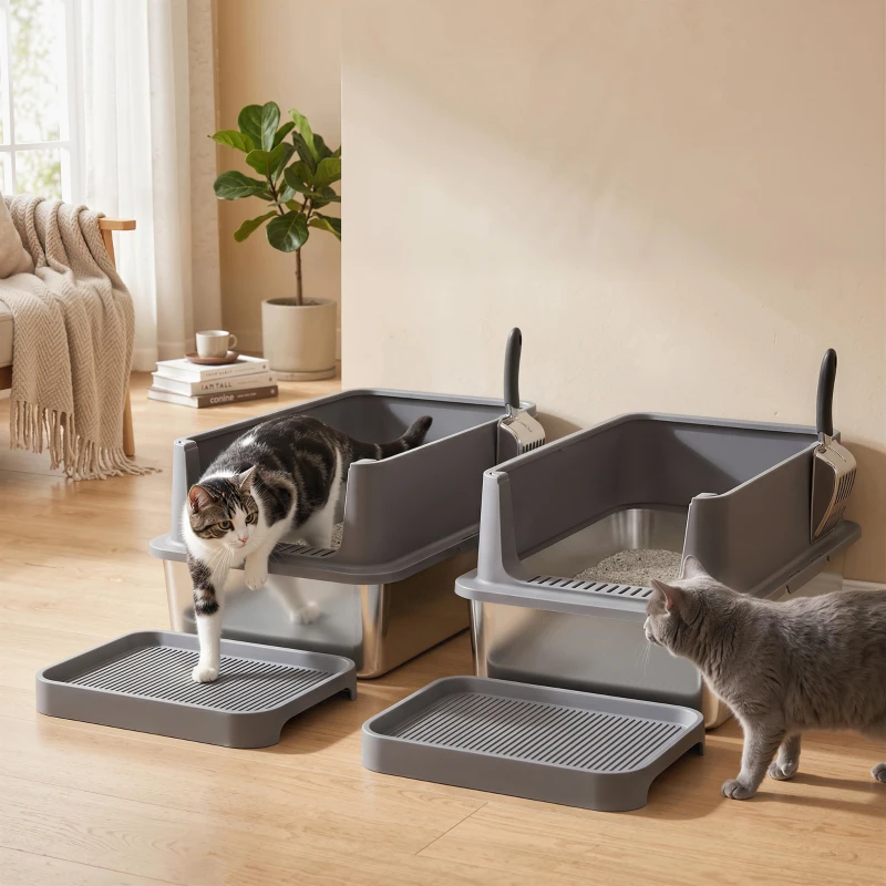 PawHut 2 Pack XL Stainless Steel Litter Box, Metal Cat Litter Box High Sided with Tracking Step & Stainless Steel Scoops
