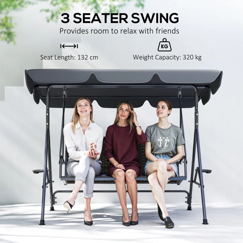 Outsunny 3-Seat Patio Swing Chair, Outdoor Canopy Swing Glider with Adjustable Shade, Grey