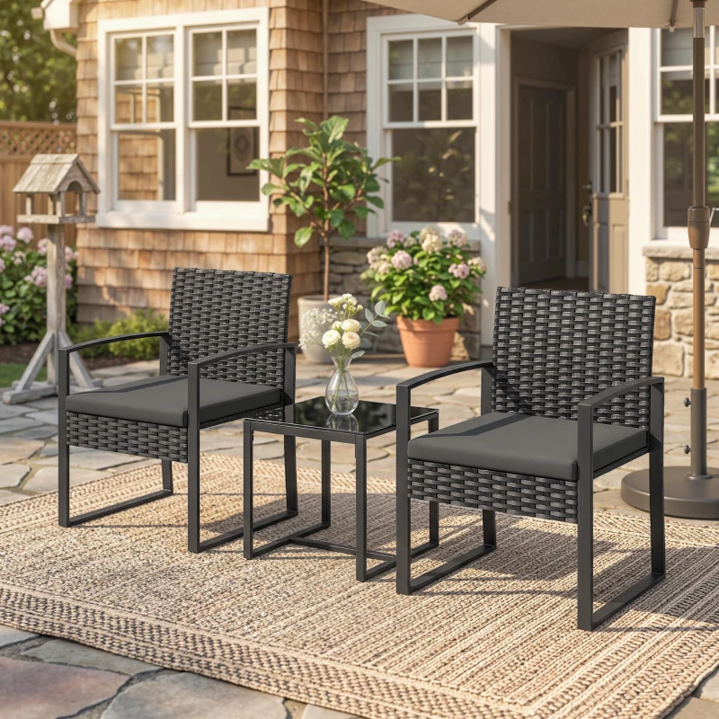 Outsunny Outdoor Bistro Set, 3 Piece Wicker Patio Furniture Set with Glass Top Table and Cushions for Porch, Balcony, Dark Grey