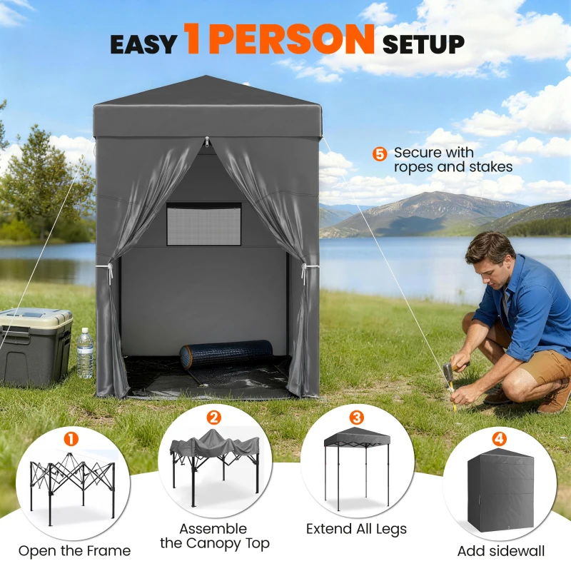 Outsunny 5 x 5 ft Compact Pop Up Canopy Tent, UPF 50+ Changing Room, Portable Instant Privacy Canopy with Mesh Window, Dark Grey