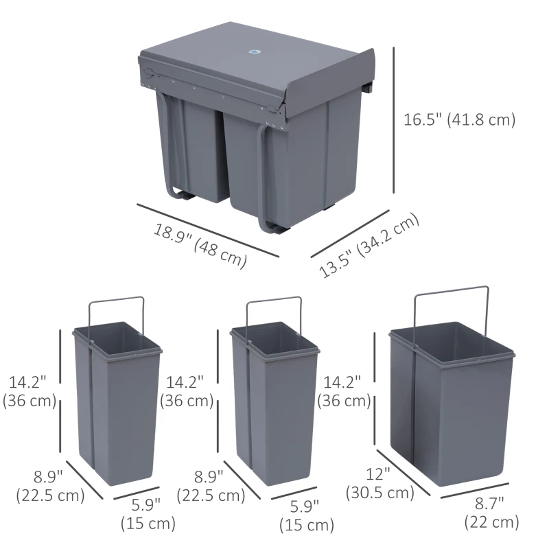 HOMCOM Pull Out Trash Can Under Cabinet, 10.6 Gallon (40L) Slide Out Garbage Can with 3 Removable Compartments, Grey