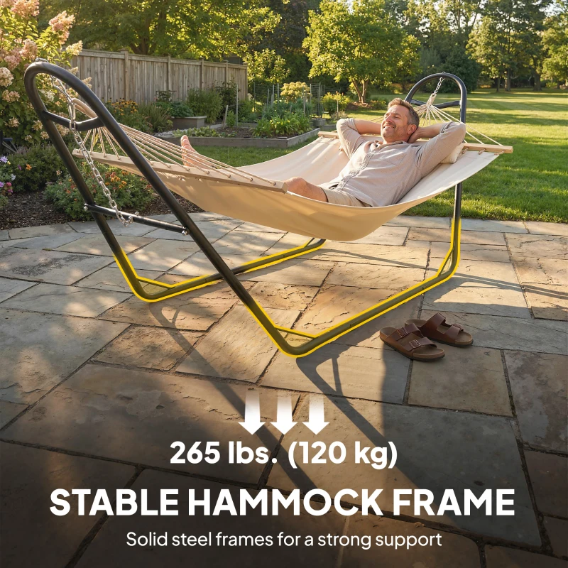 Outsunny Hammock with Stand, Heavy Duty Camping Hammock with Detachable Pillow and Spreader Bar, 264 lbs Capacity, Cream White