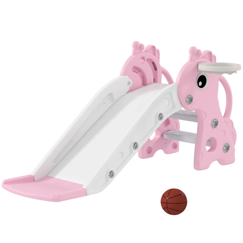 Qaba 3 in 1 Toddler Slide for Age 1-3, Kids Slide with Climber, Basketball Hoop and Ball, Giraffe Design, Pink