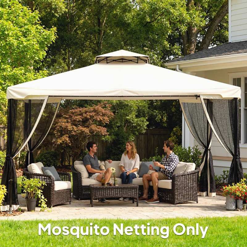 Outsunny Replacement Mosquito Netting for Gazebo 10' x 12' Black Screen Walls for Canopy with Zippers, Cream White
