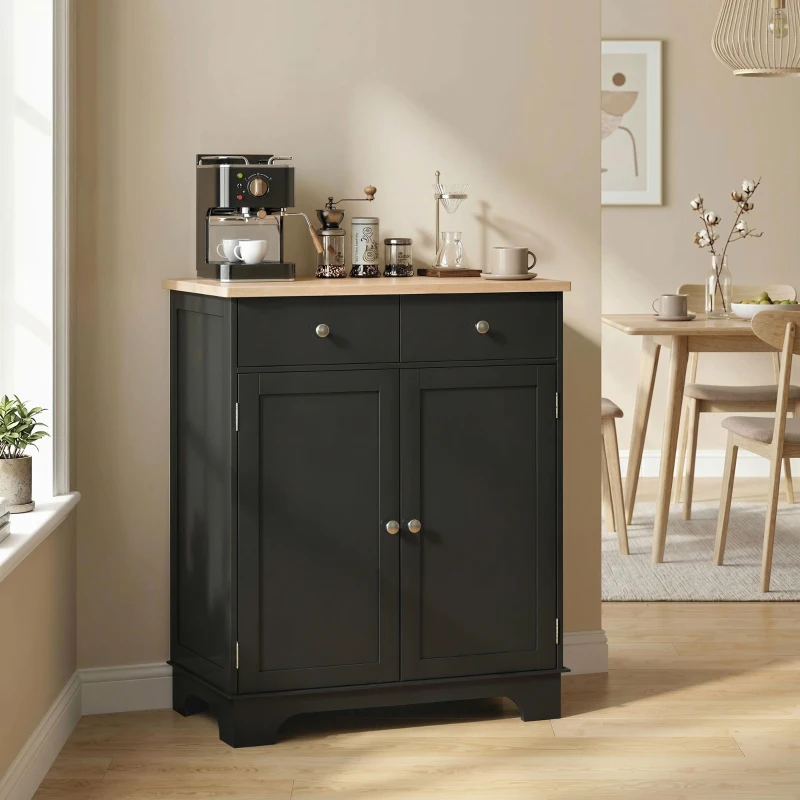 HOMCOM Sideboard Buffet Cabinet with Storage, 27" Kitchen Cabinet with Adjustable Shelf, 2 Drawers and 2 Doors, Coffee Bar Cabinet with Rubberwood Tabletop, Black