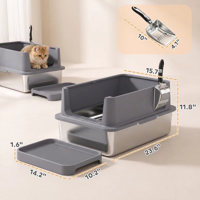 PawHut 2 Pack XL Stainless Steel Litter Box, Metal Cat Litter Box High Sided with Tracking Step & Stainless Steel Scoops