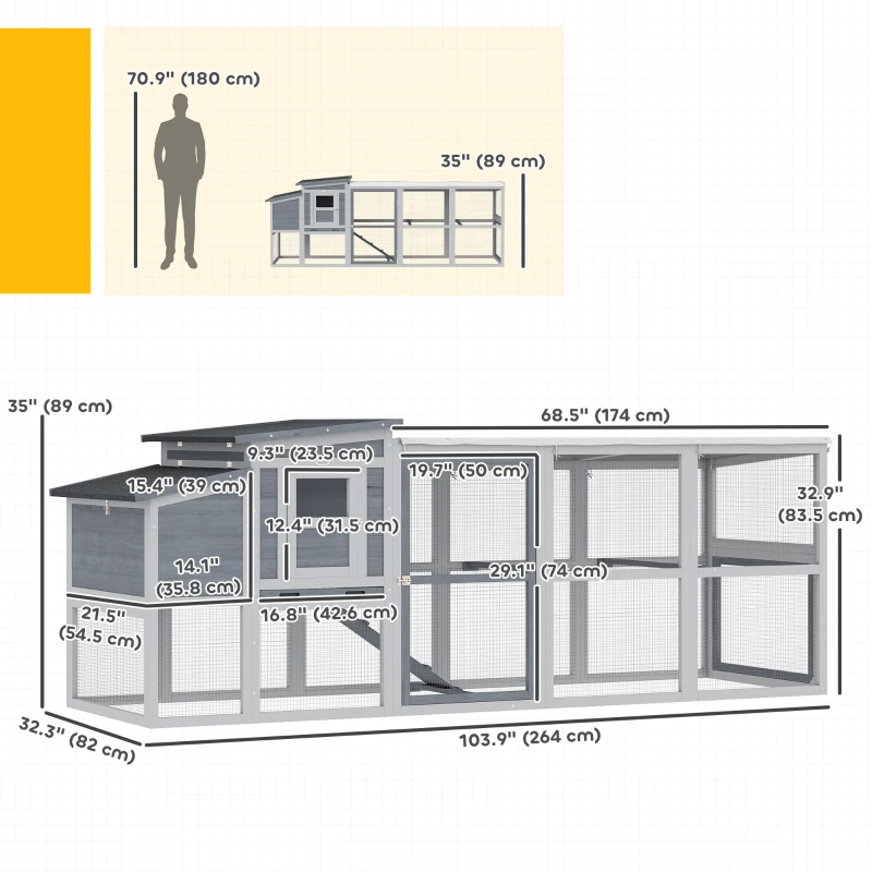 PawHut Large Chicken Coop, Wooden Hen House with Covered Run, Nesting Box, Pull-Out Tray, Opening Asphalt Roof