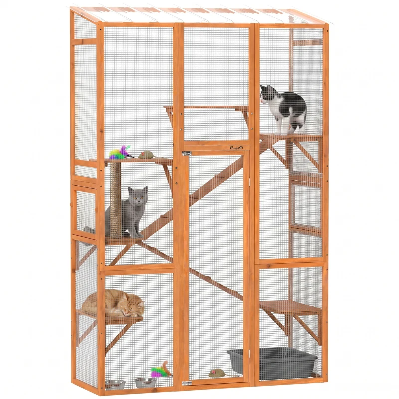 PawHut Large Outdoor Catio with 6 Jumping Platforms, Scratching Post, 2 Ramps, Waterproof Roof, Orange