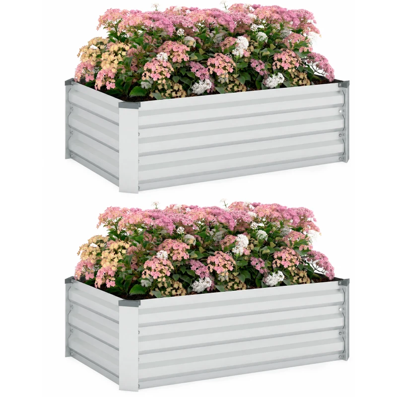 Outsunny Galvanized Raised Garden Beds, Outdoor Planter Box, Set of 2, for Flowers, Herbs and Vegetables, Silver