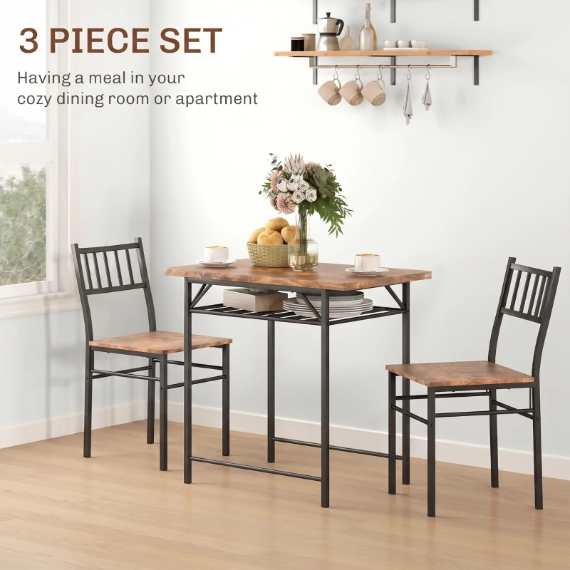 HOMCOM 3-Piece Small Dining Table Set for 2, Kitchen Table and Chairs with Storage Rack and Steel Frame, Brown
