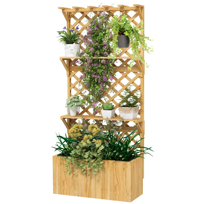 Outsunny Raised Garden Bed, Wooden Planter with Trellis, Hanging Roof, Plant Shelf, Drainage Holes and Bed Liner, Nature Wood