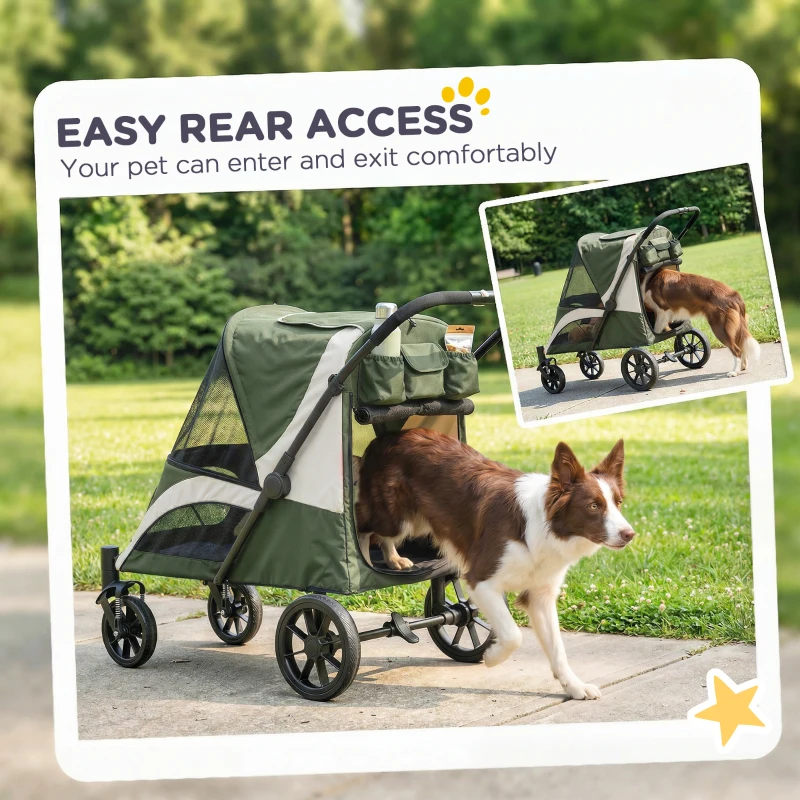 PawHut Foldable Pet Stroller for Medium Dogs with Four Big Wheels, Shock-Absorbing Frame, Safety Leashes, Brakes, Dark Green