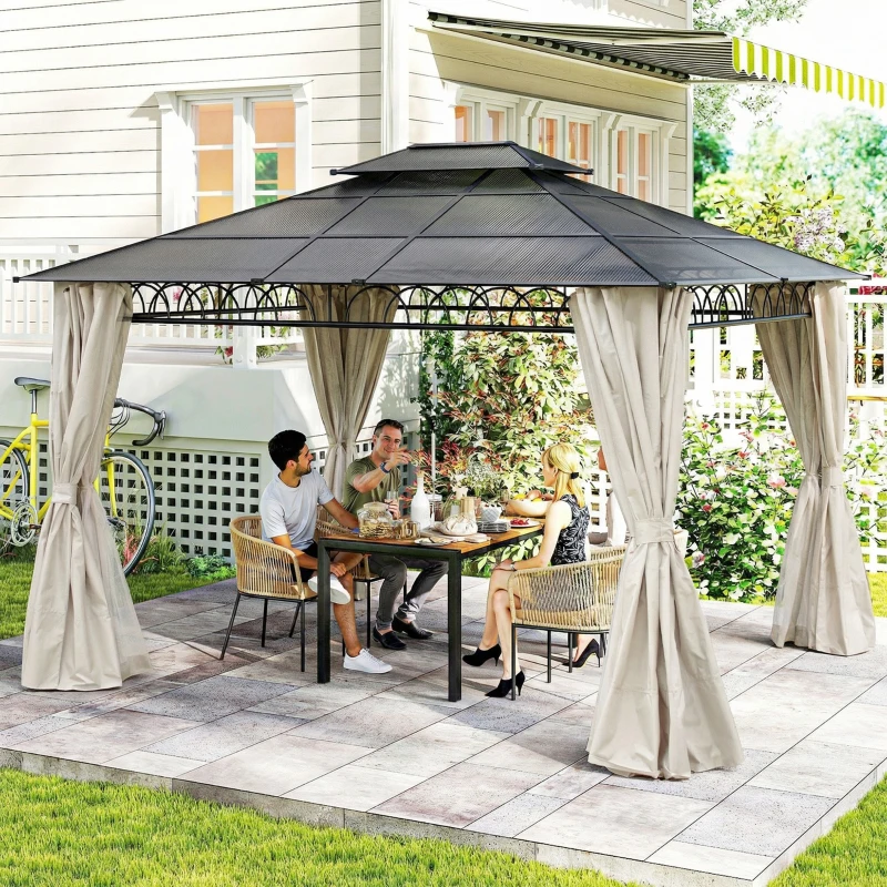 Outsunny 10' x 12' Outdoor Gazebo Canopy, Double Roof Hardtop Gazebo with Polycarbonate Roof, Steel Frame, Nettings and Curtains