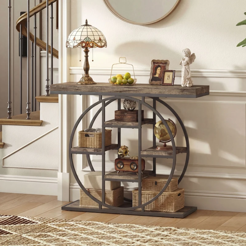 HOMCOM 39.4" Console Table with Storage Shelves, Industrial Sofa Table for Living Room, Hallway, Rustic Oak