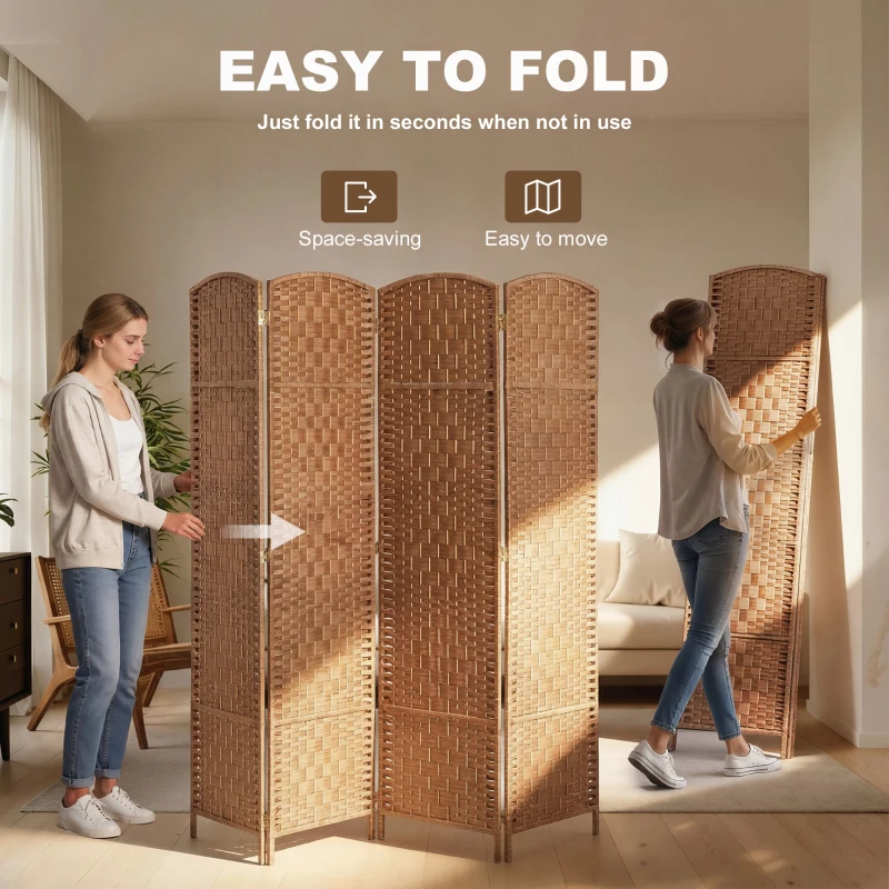 HOMCOM 6ft Folding Room Divider, 4 Panel Wall Partition with Wooden Frame for Bedroom, Home Office, Natural