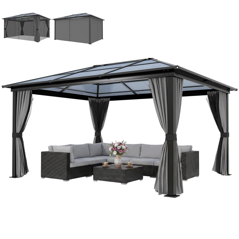 Outsunny 12' x 15' Hardtop Gazebo Canopy with Polycarbonate Roof, Aluminum Frame, Netting, Curtains and Ceiling Hook, Dark Grey