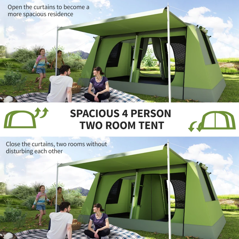 Outsunny Tunnel Tent Camping Shelter w/ Porch, Two Rooms, Lamp Hook, Portable Carry Bag, Green