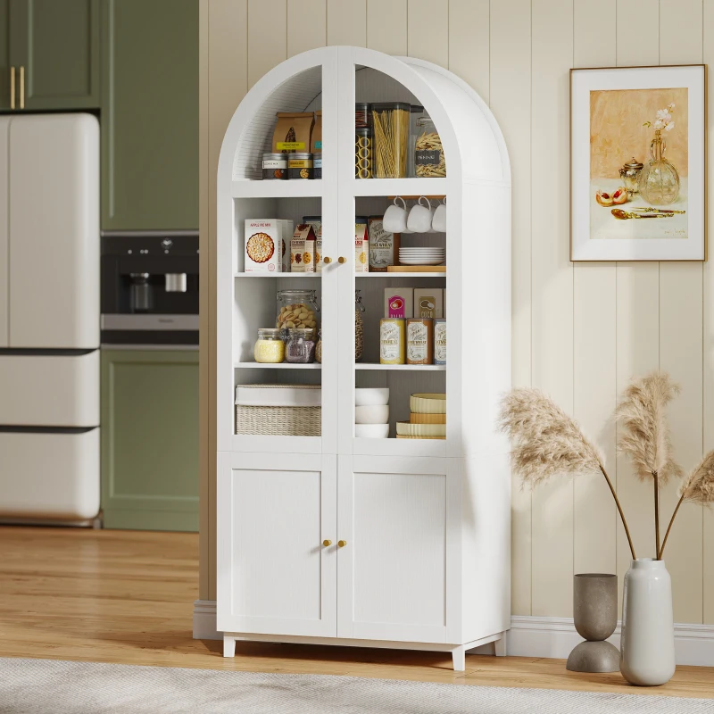 HOMCOM Arched Kitchen Pantry Cabinet, 71" Tall Farmhouse Kitchen Storage Cabinet with Acrylic Glass Doors, White