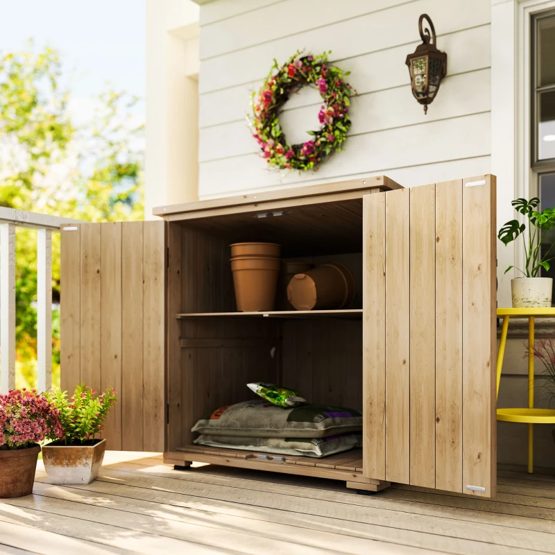 Outsunny Wooden Outdoor Storage Cabinet, Garden Shed Potting Shed with Shelf and Double Doors, Natural