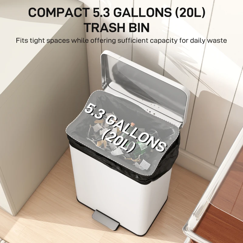 HOMCOM Garbage Bin, Soft-Close Trash Can with Foot Pedal, 5 Gallon (20 L) Garbage Can with Removable Inner Bucket, Cream White