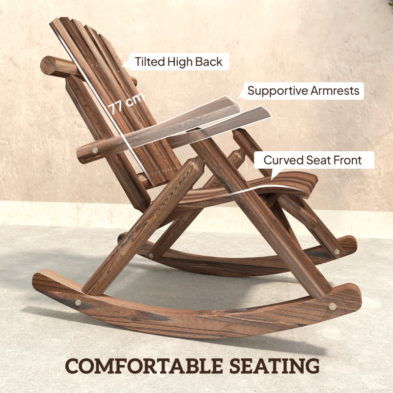 Outsunny Outdoor Wooden Rocking Chair, Single-Person Adirondack Rocking Patio Chair with Rustic High Back, Slatted Seat and Backrest for Indoor, Backyard, Garden, Carbonized
