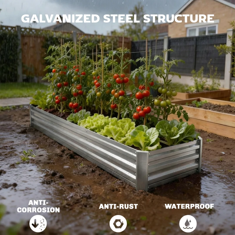 Outsunny 8' x 2' x 1' Galvanized Raised Bed, Large Elevated Planter Box for Growing Flowers, Herbs and Vegetables, Silver