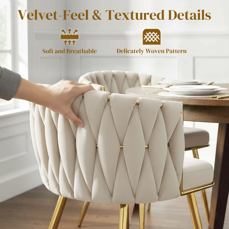 HOMCOM Modern Dining Chairs Set of 2, Velvet-Feel Upholstered Kitchen Chairs with Woven Backrest and Metal Legs, Cream White