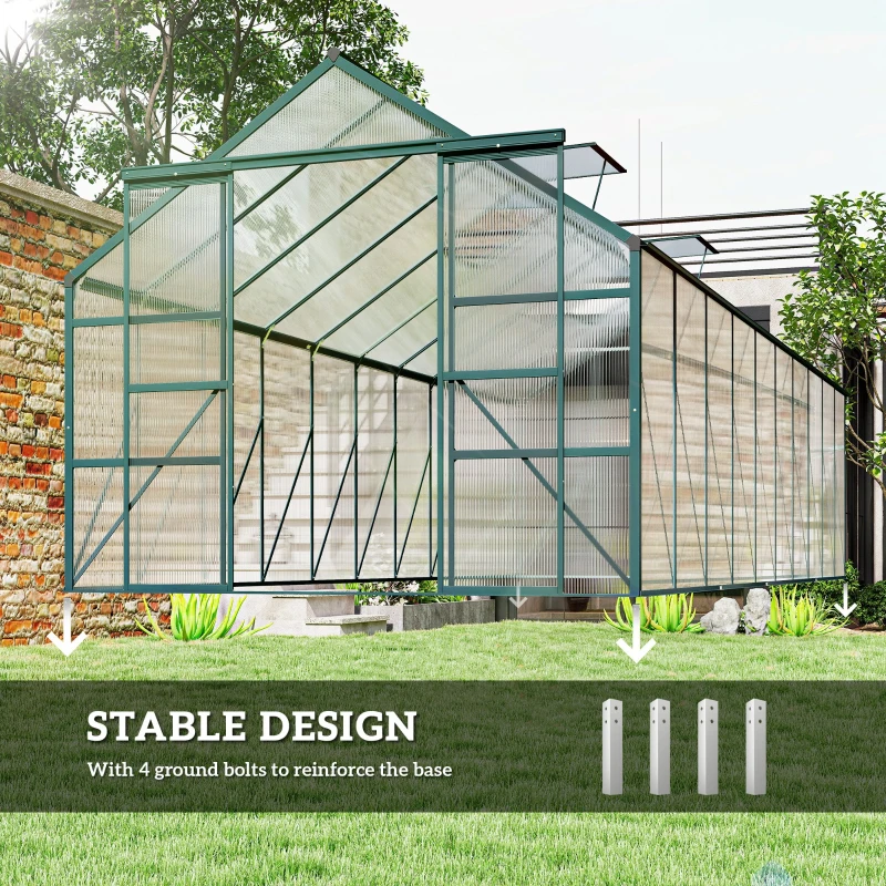 Outsunny Aluminum Greenhouse Polycarbonate Walk-in Garden Greenhouse Kit with Rain Gutter and Sliding Door, 20' x 8', Green